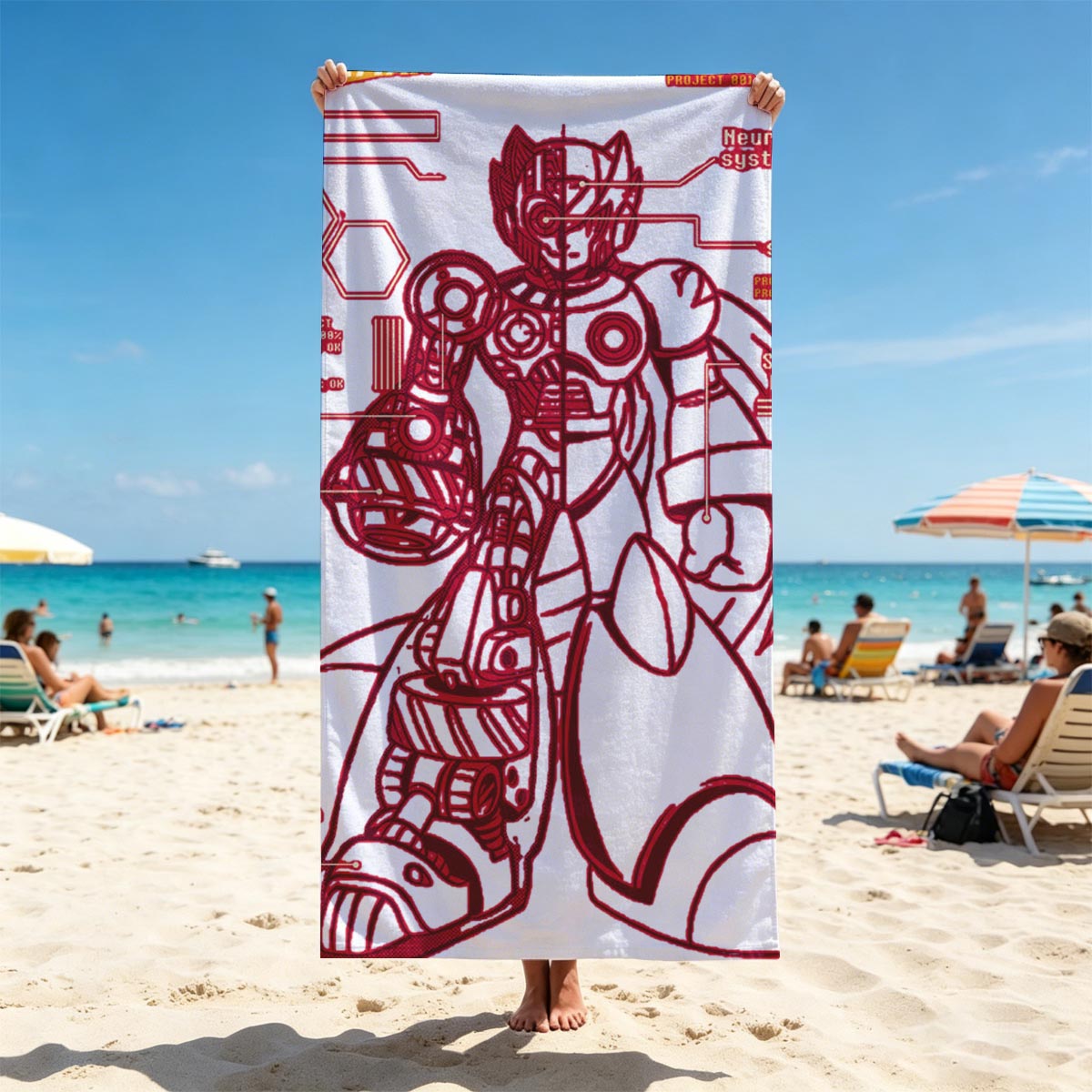 Mega Man Zero: Neural System, Eyes, Sword Hand, Buster Gun, Skeleton - Project A01-Zero 1993 - Beach towels
