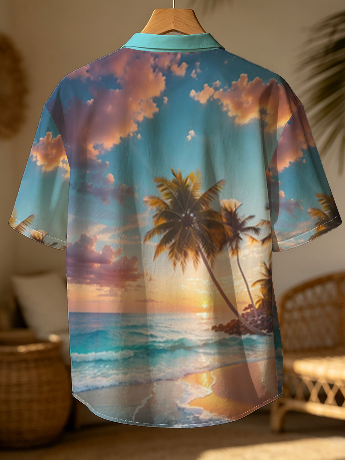 Tropical sunset with palm trees and waves on a sandy beach -  Shirt
