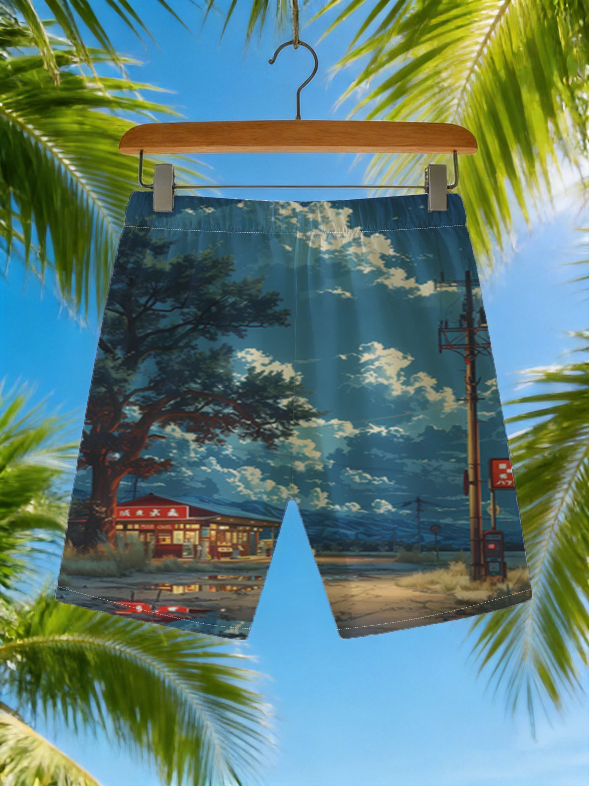 A cozy roadside shop under a vast sky, illuminated by warm lights and framed by a large tree and distant mountains. -  Beach shorts