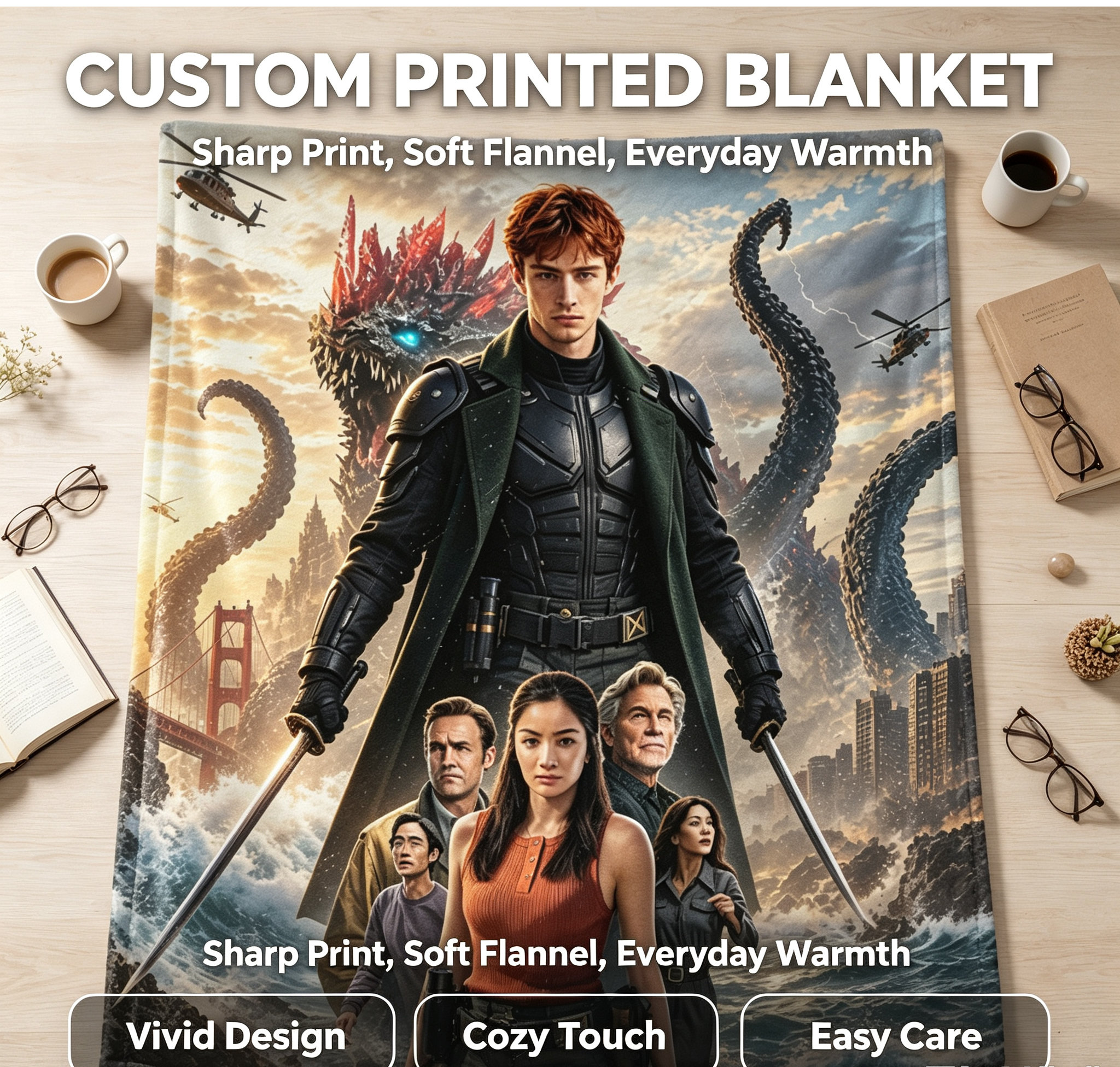 Custom Face Blanket Monarch Legacy of Monsters Flannel Blanket for Couch, Bed, or Travel – Perfect Gift for Fans of Sci-Fi and Monster Movies