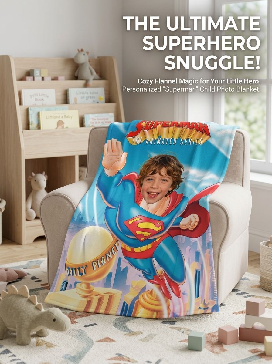 Personalized Photo Superhero Flannel Fleece Blanket Ultra Soft Custom Face Throw Cover for Bed Couch Travel Gift