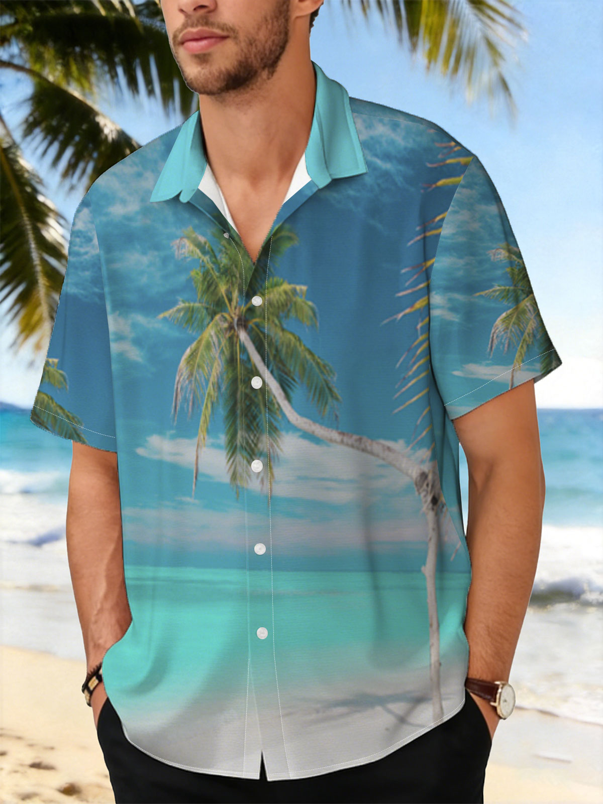 Tropical beach with palm tree and turquoise water -  Shirt