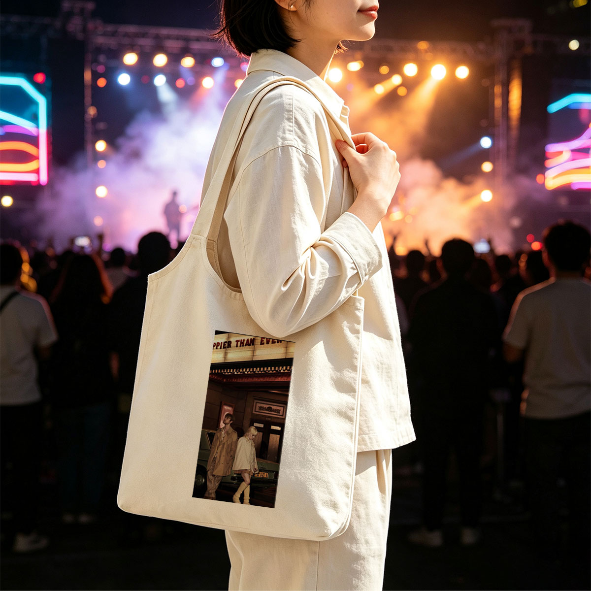 Marilyn Manson and Courtney Love in a Vintage Theater Scene with Retro Fashion and Classic Car - Canvas shoulder bags/