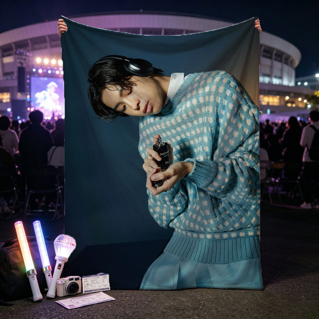 Jaden Smith in a Stylish Blue Sweater Holding a Perfume Bottle with Headphones On - Blankets
