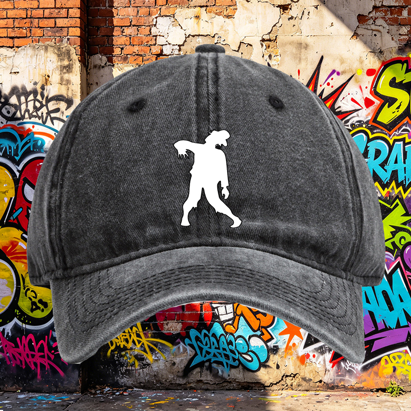 Unisex Classic Washed Cotton Hat with Zombie Silhouette Print – Perfect for Halloween, Outdoor Adventures, and Casual Wear – Ideal for Teens and Adults Seeking Unique Streetwear Style
