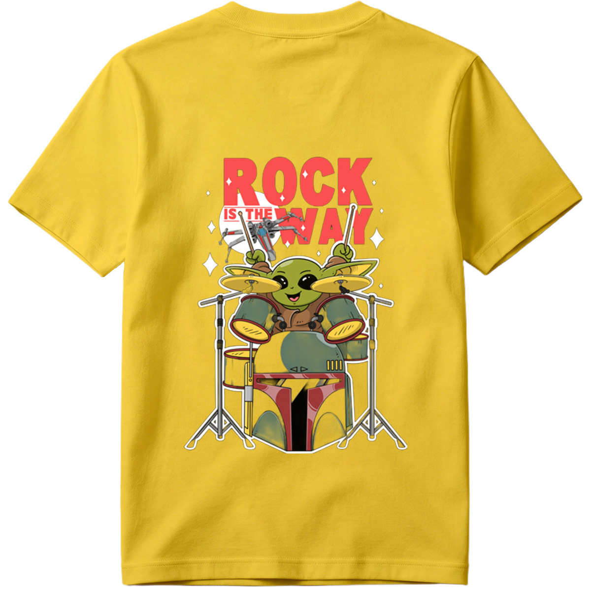 Baby Yoda Rocks the Drums with Boba Fett Helmet - Tee