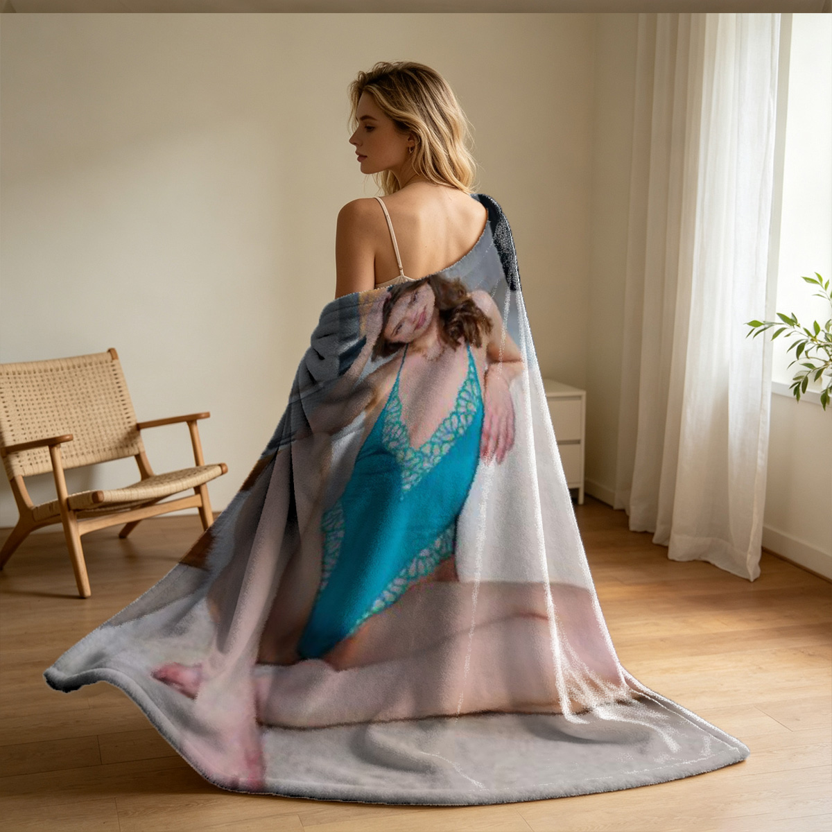 Elegant Asian beauty in black lingerie posing indoors. - Blanket