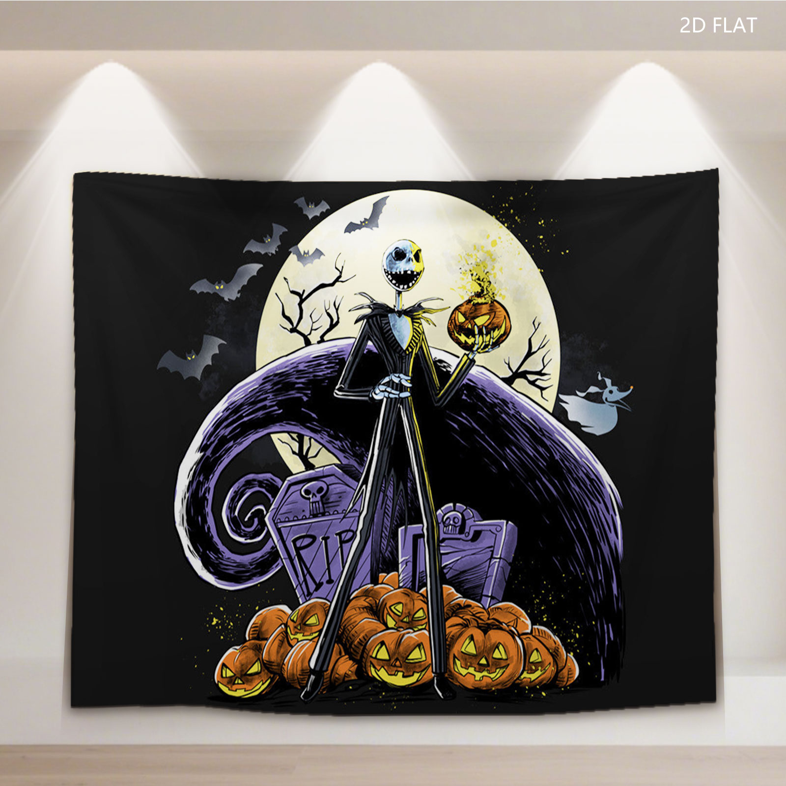 Jack Skellington from The Nightmare Before Christmas stands atop pumpkins with a full moon and bats in the background. - Tapestry