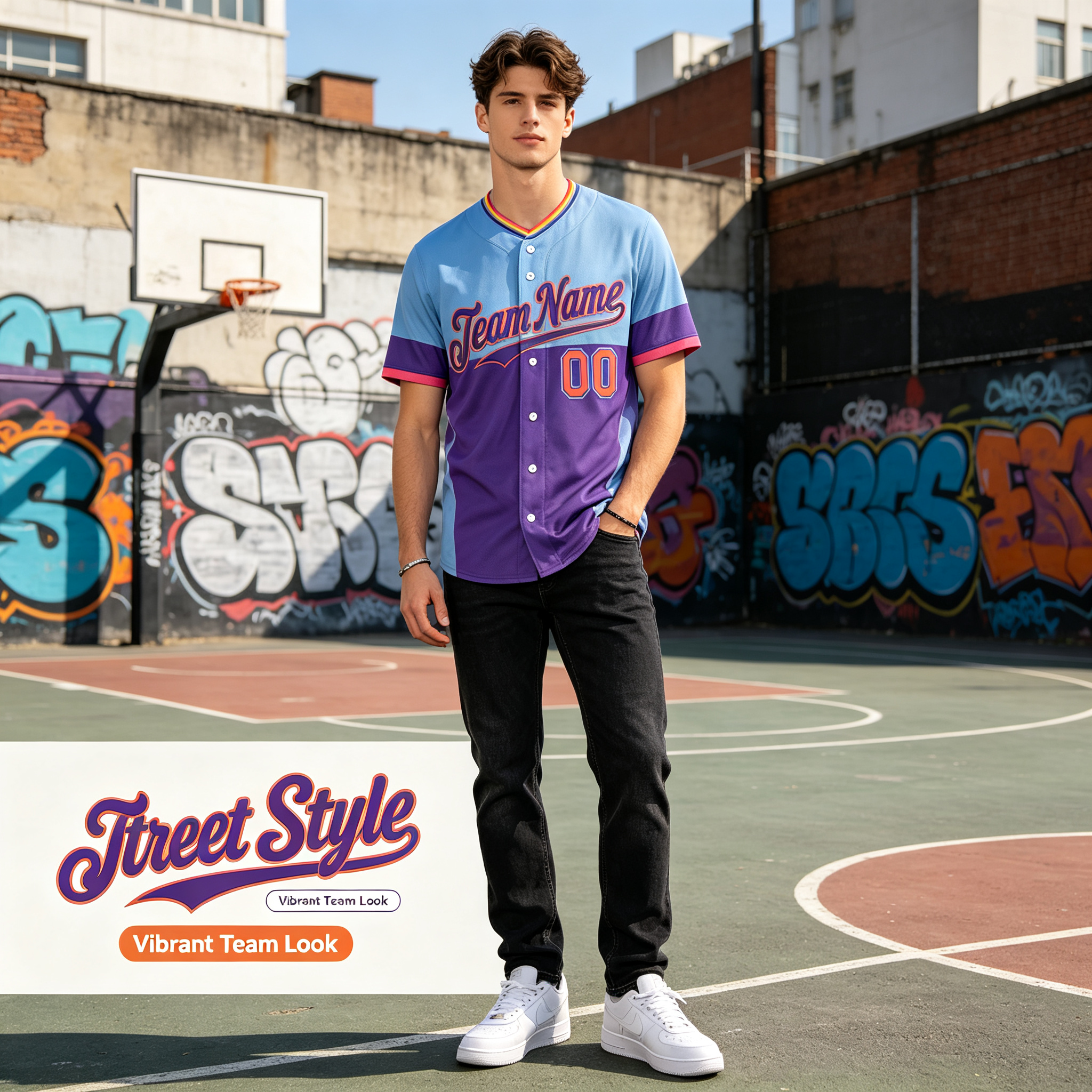 Custom Printed Denver Mountain Style Baseball Jersey Light Blue Purple Color Block Pullover V Neck Shirt for Men and Women