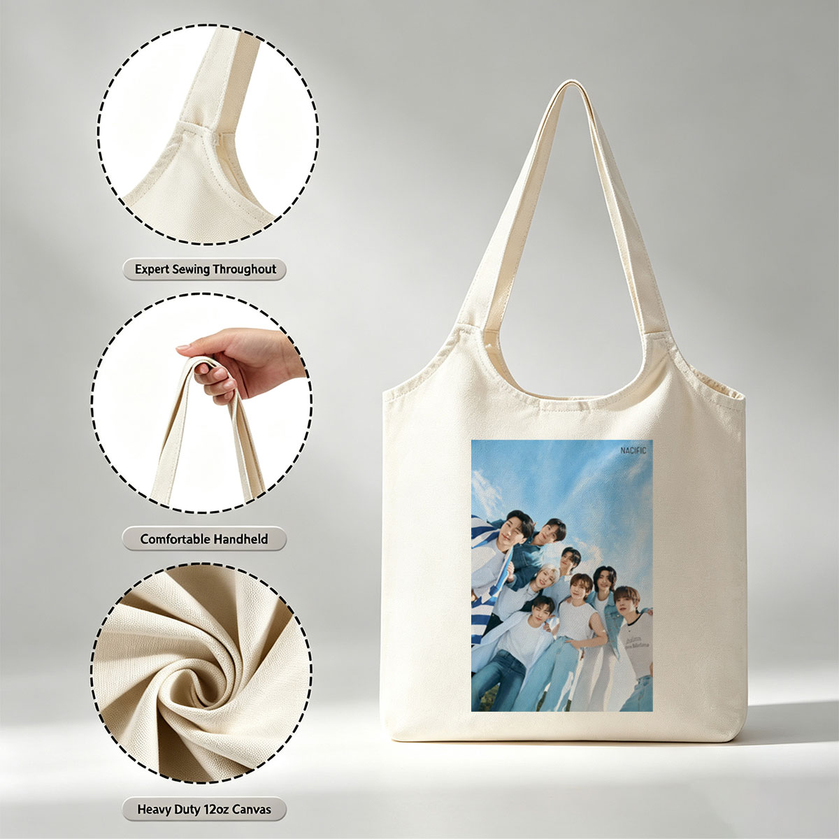 NACIFIC Band Members in Casual Outfits Posed Against a Bright Blue Sky - Canvas shoulder bags/