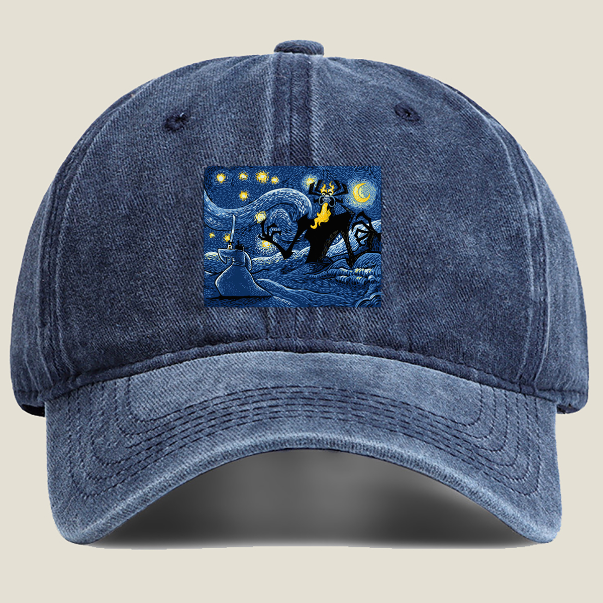 Samurai and Spider Demon in Starry Night - Washed Denim - Baseball Cap