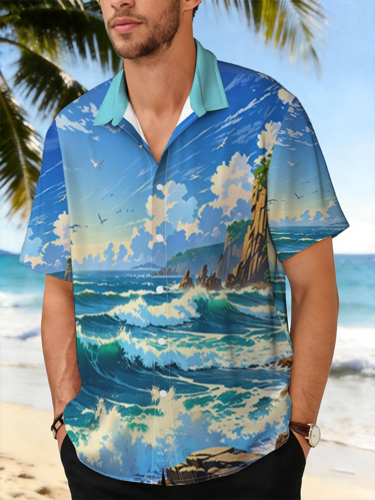 Ocean Waves Crashing Against Rocky Coastline Under Blue Sky -  Shirt