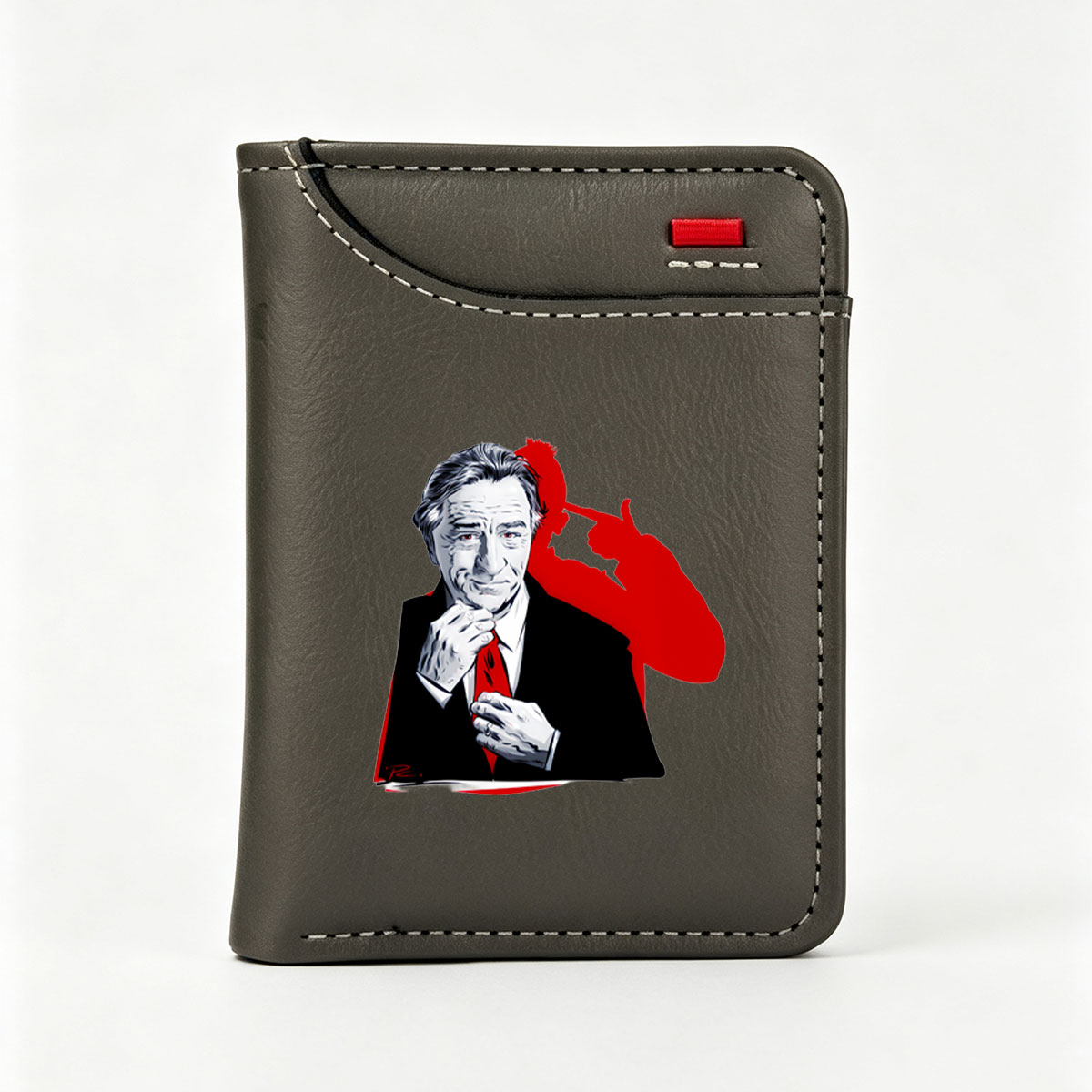 Robert De Niro as a suave gentleman adjusting his red tie, with a bold red silhouette in the background. - Vertical Style Wallet