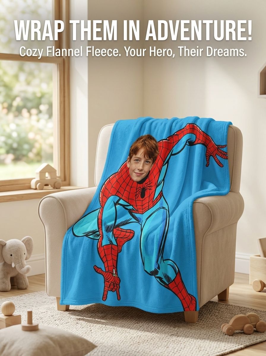 Custom Face Superhero Flannel Blanket Personalized Photo Throw Soft Plush Warm Fleece Bedding Gift for Kids and Adults