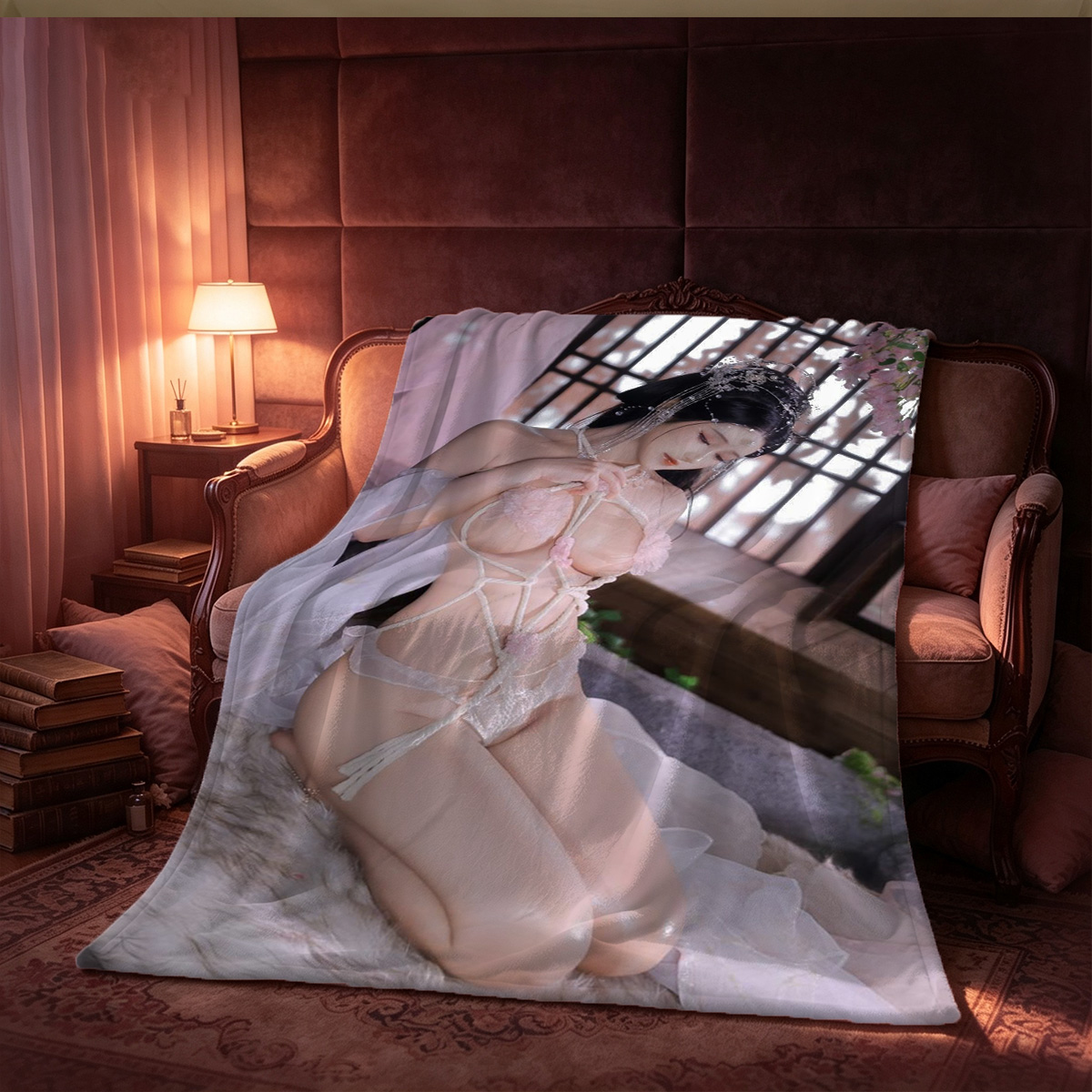 Nude Redhead in White Stockings Sitting on Chair - Blanket