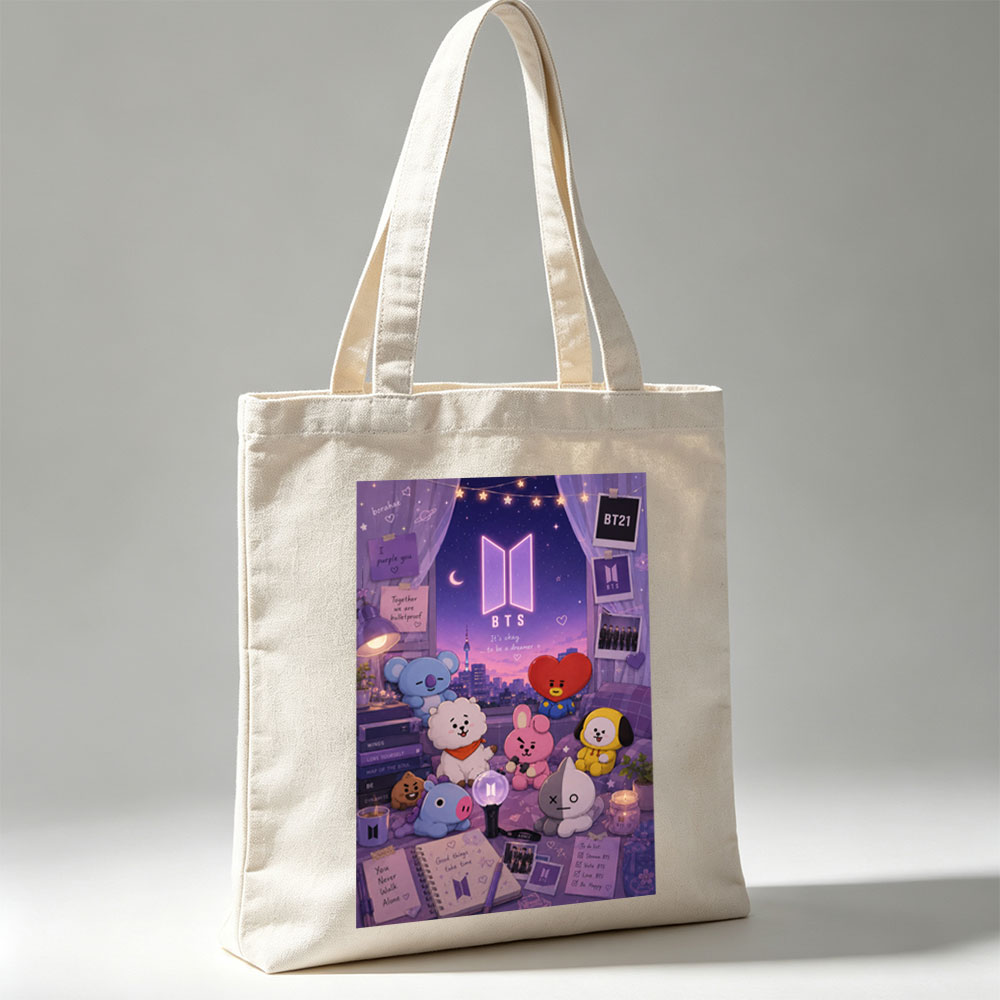 BTS BT21 Characters in a Cozy Room with City View and Dreamy Night Sky Decor - Canvas tote bags