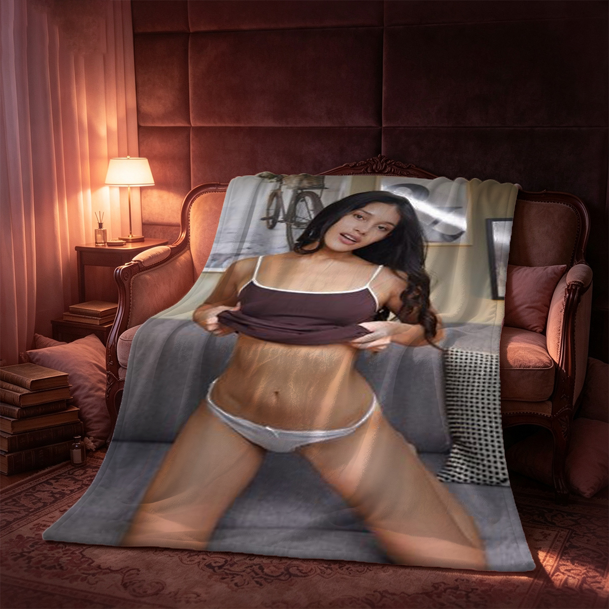 Christmas Morning in Black Lingerie and Mask - Blanket
