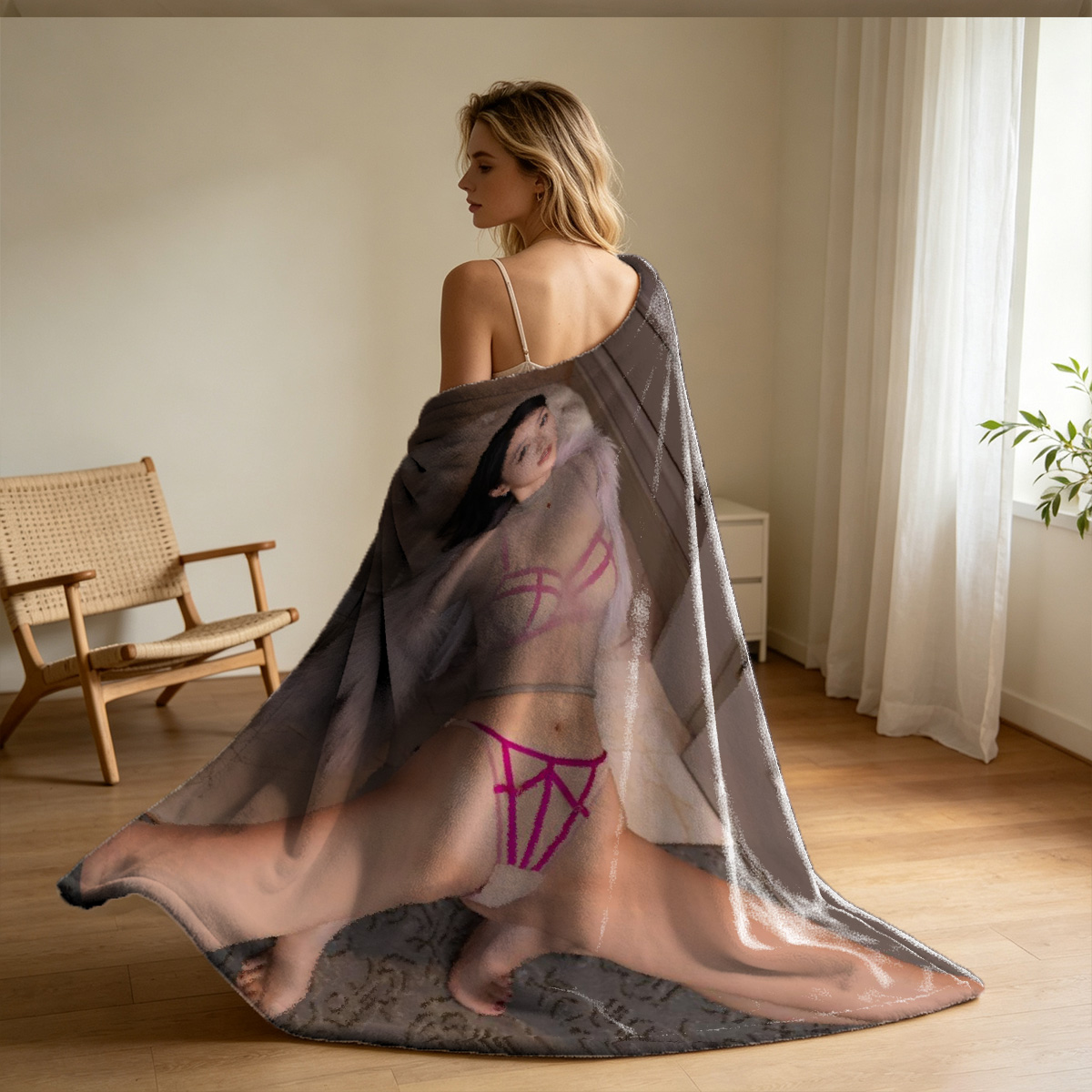 Nude woman posing on modern black bench. - Blanket