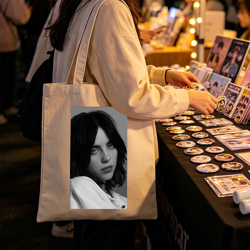Billie Eilish in a Monochrome Portrait Wearing a White Shirt with a Delicate Necklace - Canvas tote bags