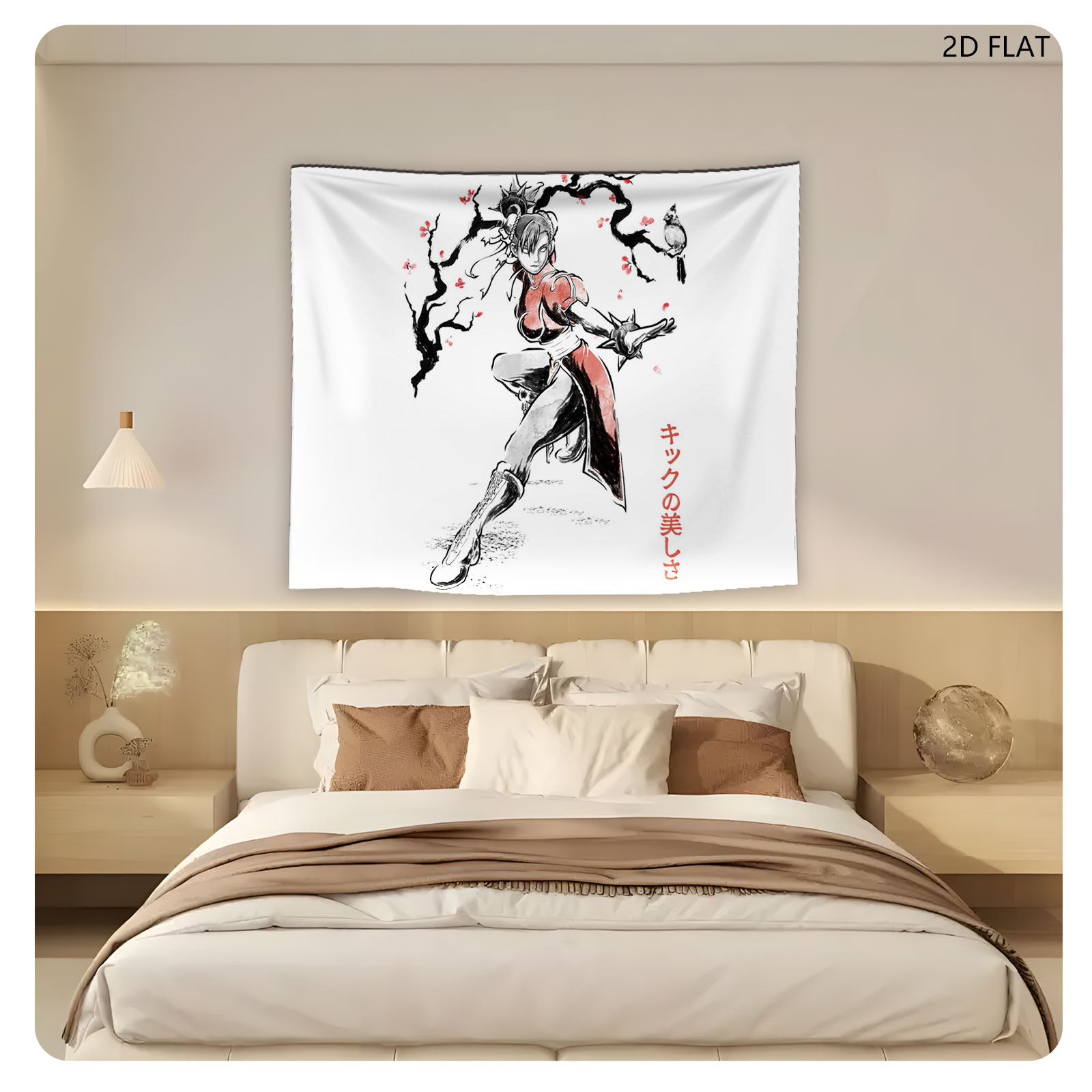 Chun-Li from Street Fighter in a dynamic kick pose with cherry blossoms and a bird, showcasing martial arts elegance - Tapestry