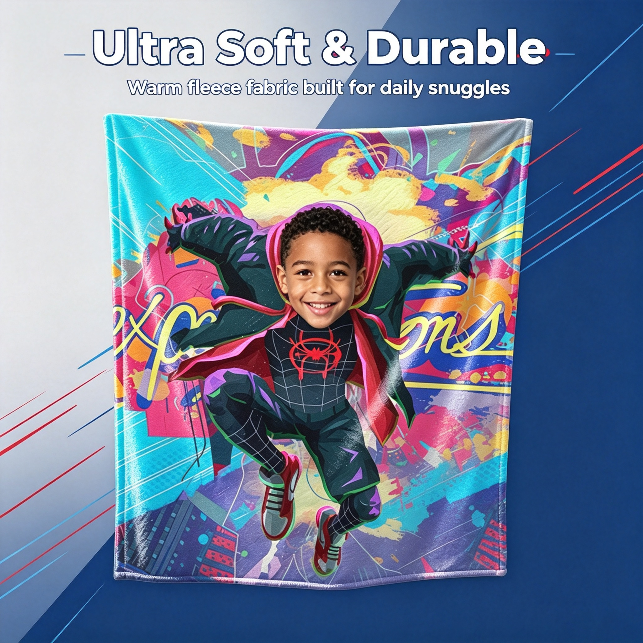 Custom Spider‑Verse Miles Morales Kids Photo Blanket, Personalized Superhero Throw Blanket Upload Child Photo, Birthday Gift for Boys
