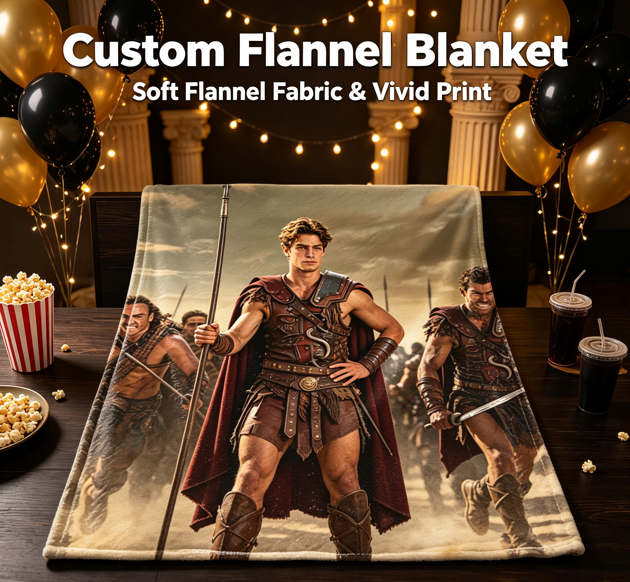 Custom Face Blanket - Ancient Warrior Hero with Spear and Armor Flannel Blanket - Perfect for Couch, Bed, or Camping - Ideal Gift or Giveaway for History and Fantasy Fans