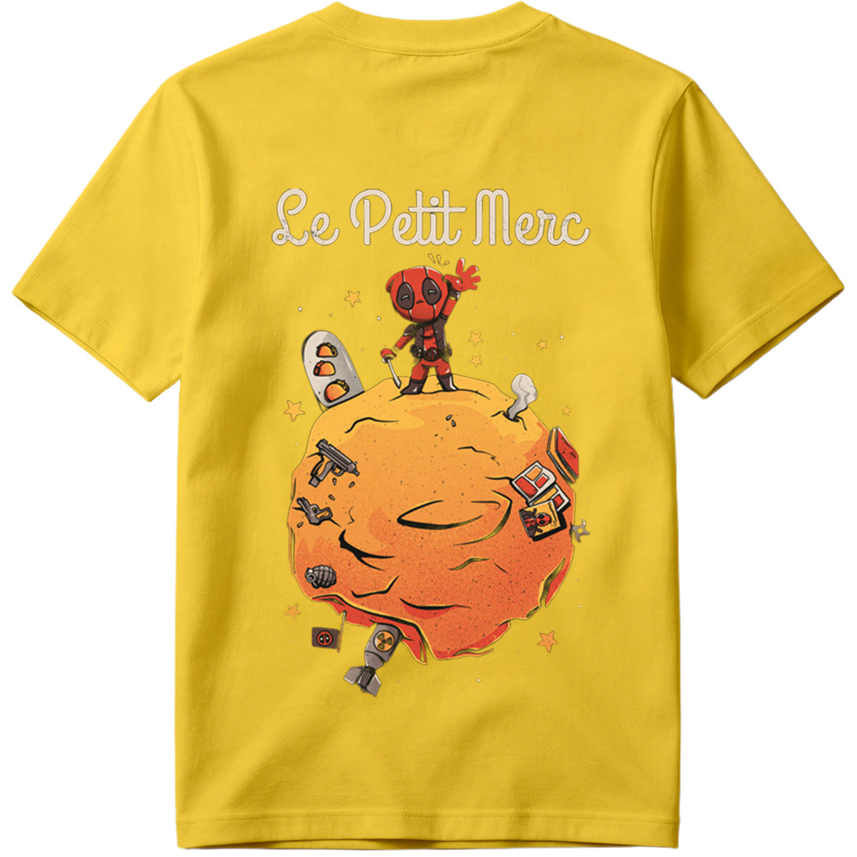 Deadpool on a Planet with Weapons and Space Items - Tee