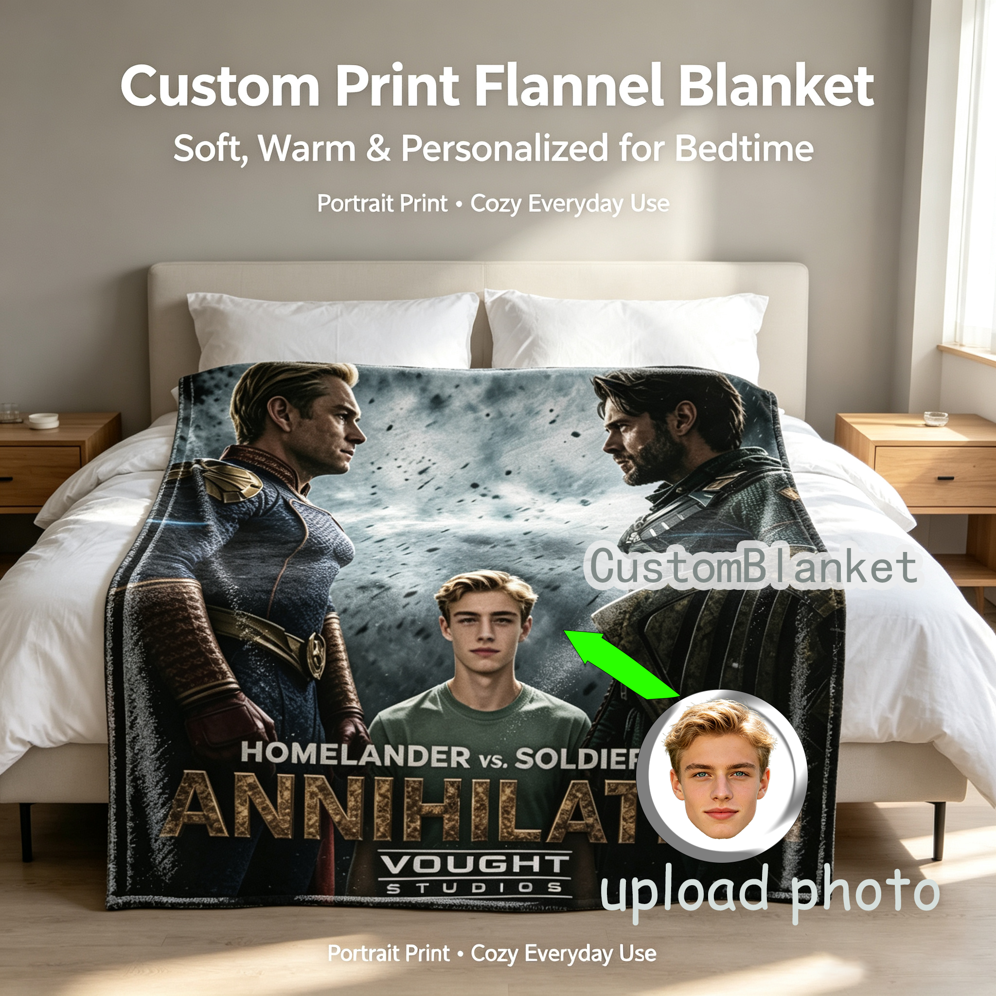 Custom Face Blanket The Boys Homelander vs Soldier Boy Annihilation Flannel Blanket for Fans Movie Poster Design Cozy Bedding Gift or Giveaway