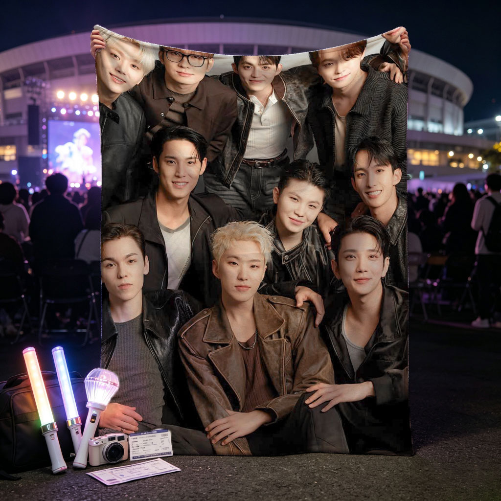 SEVENTEEN Group Photo - Members in Stylish Leather Outfits Posing Together for a Professional Shoot - Blankets