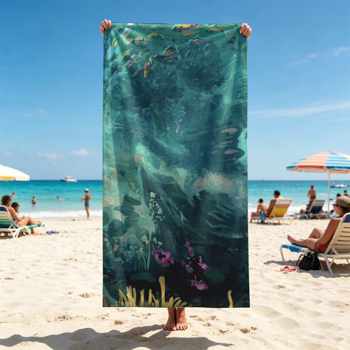 Underwater Scene with Colorful Fish and Coral - Beach towels