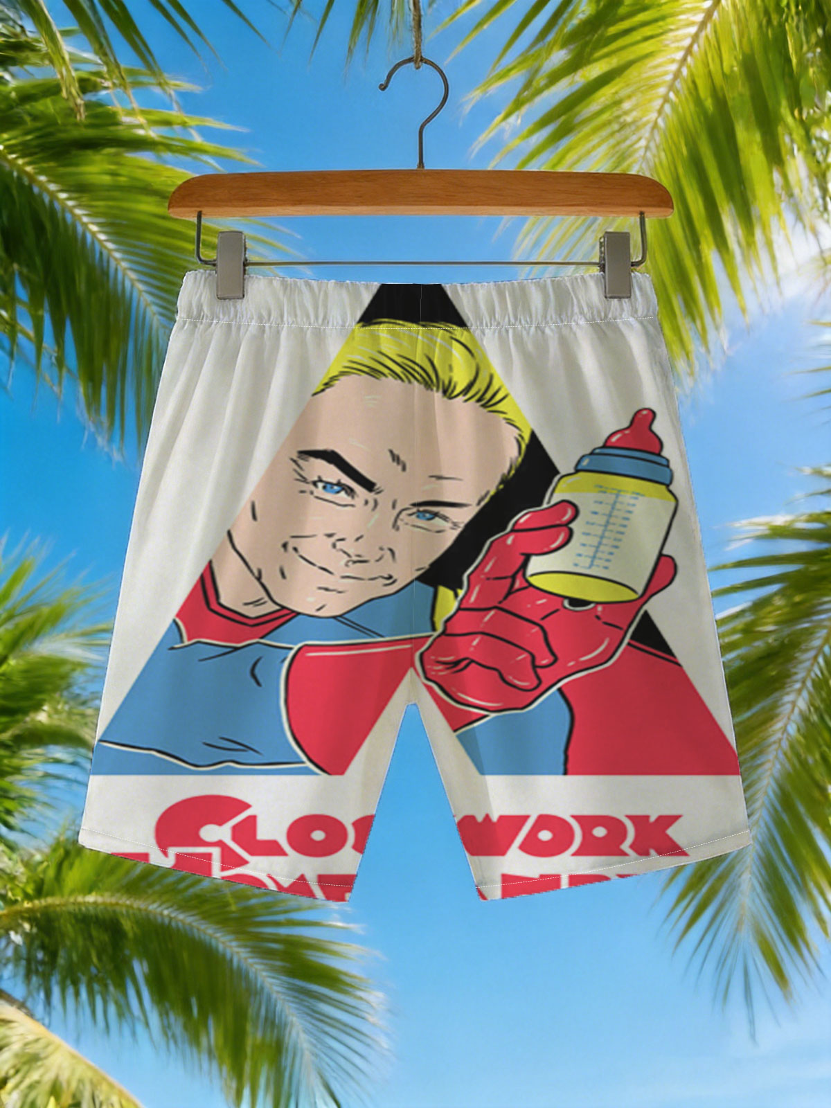 Clockwork Homelander: A Superhero with a Bottle -  Beach shorts
