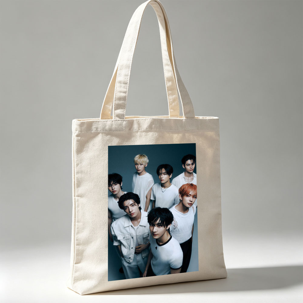 ENHYPEN Group Photo - Seven Members in White Outfits Posed Against Dark Background - Canvas tote bags
