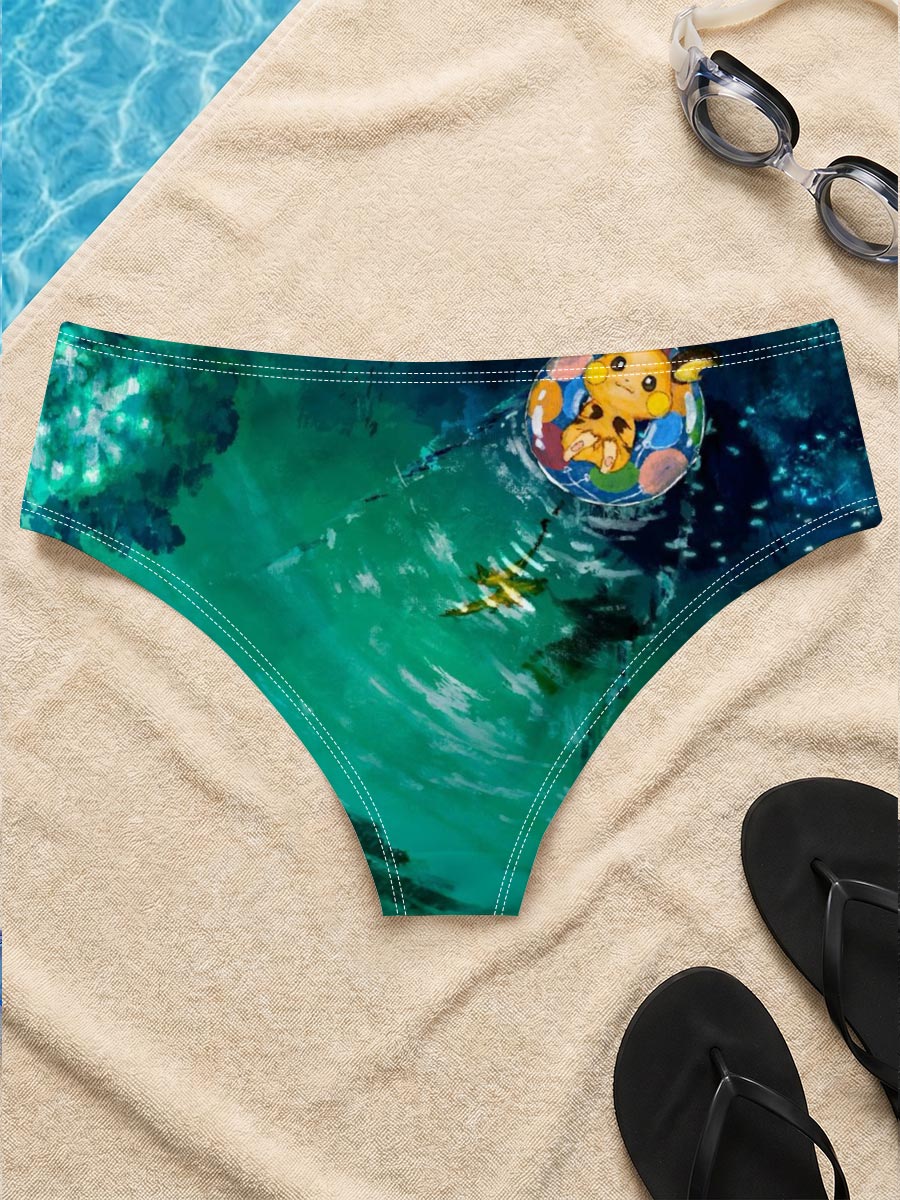 Pikachu floating on a colorful ring in a serene, turquoise pool with fish swimming below. -  Men's swim trunks