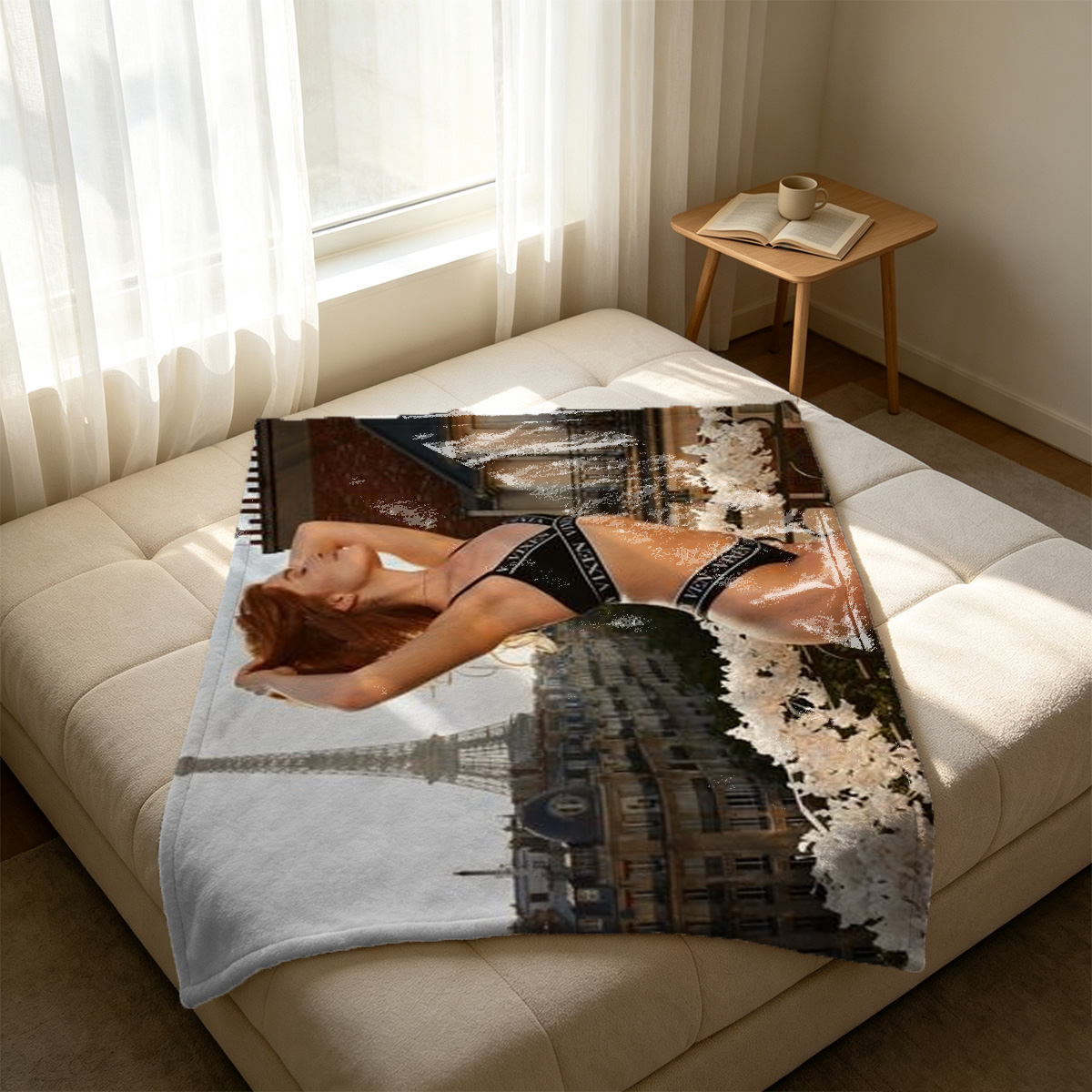 A woman in a pink sheer bodysuit and red-bottom high heels posing in a luxurious bathtub. - Blanket