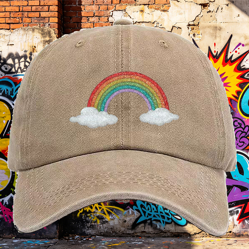 Men's Printed Washed Cap with Glitter Rainbow and Cloud Design, Casual Round Brim Summer Lightweight Hat for Outdoor Activities, Perfect for Young Adults and Trendy Streetwear Enthusiasts