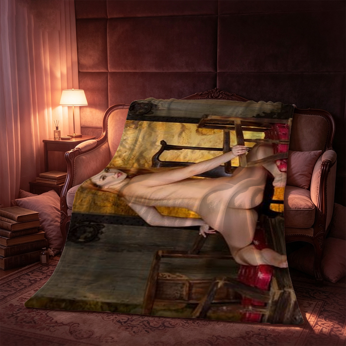 Nude Blonde Woman Kneeling on Bed Facing Pink Headboard - Blanket