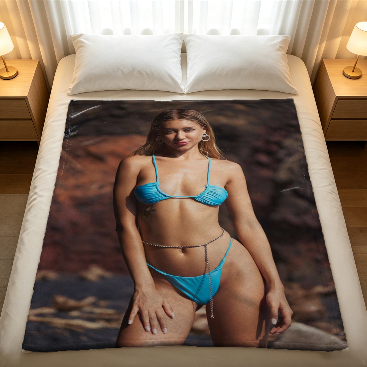 Blonde Woman in Black Lingerie and Mask Posing on All Fours by Christmas Tree - Blanket