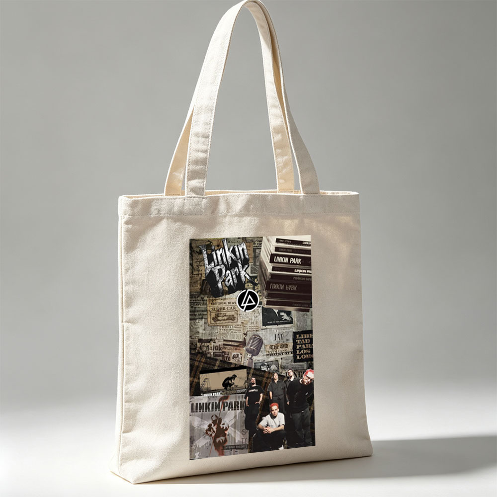 Linkin Park Band Collage Featuring Album Art, Members, and Vintage Newspaper Background - Canvas tote bags