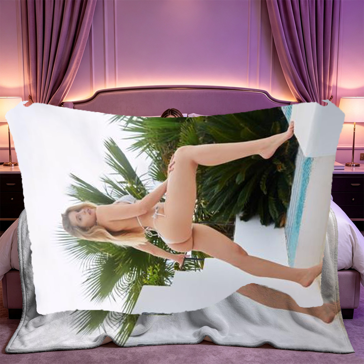 A woman in black lingerie, stockings and eye mask poses seductively in a Christmas living room. - Blanket