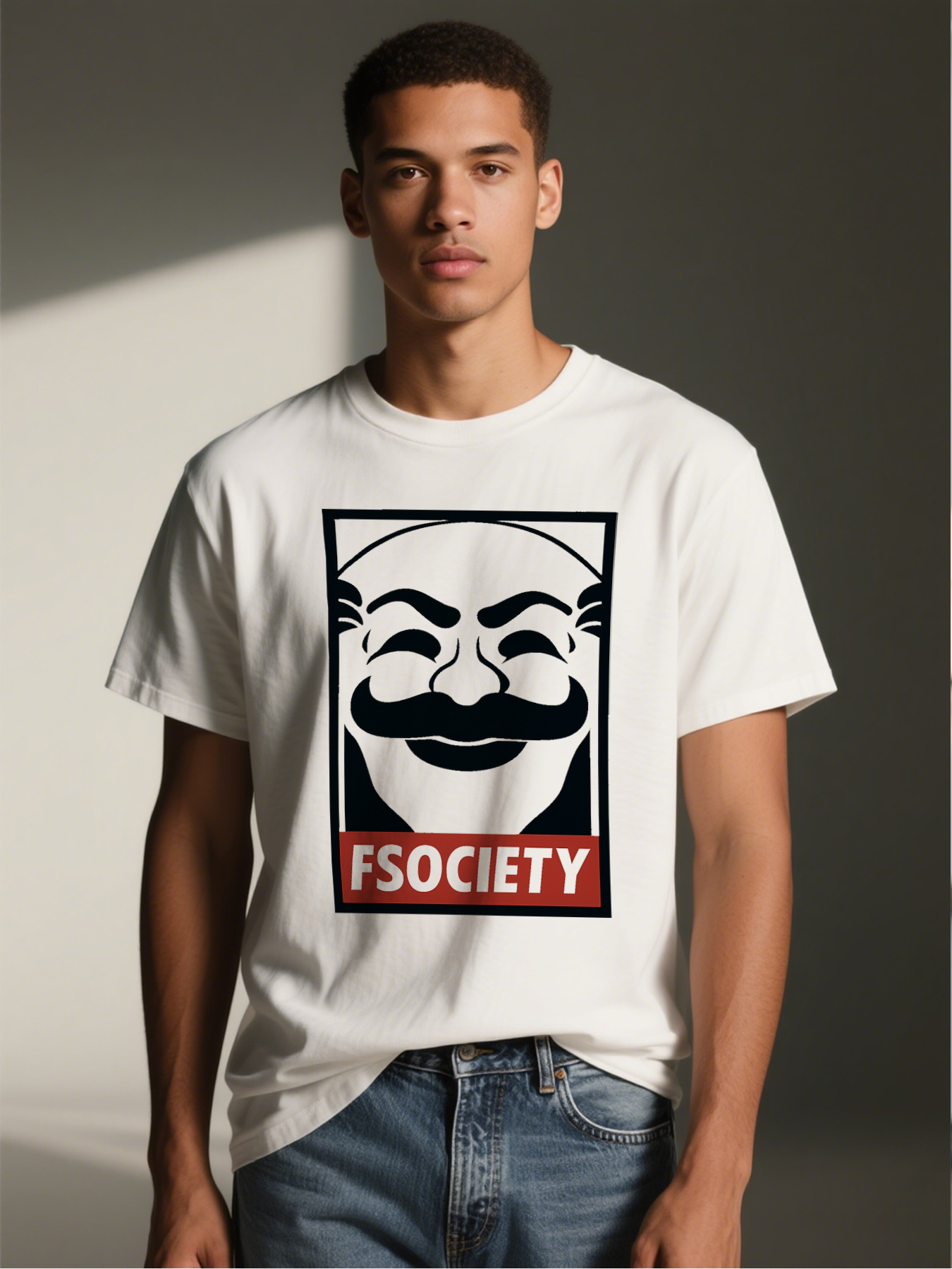 Men's Printed T-Shirt with FSOCIETY Mask Design and Bold Text - Casual Round Neck Summer Lightweight Breathable Short Sleeve Tee for Urban Streetwear Fans, Tech Enthusiasts, and Trend-Seeking Adults