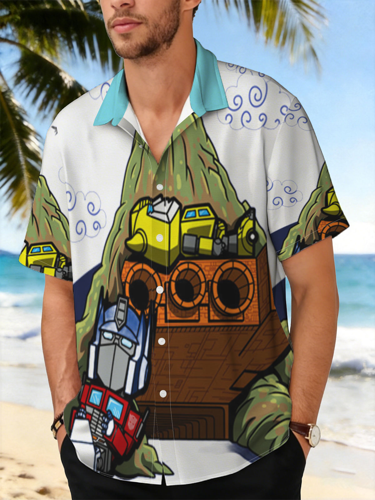 Optimus Prime and Bumblebee atop a mountain with a spaceship, cartoon style -  Shirt