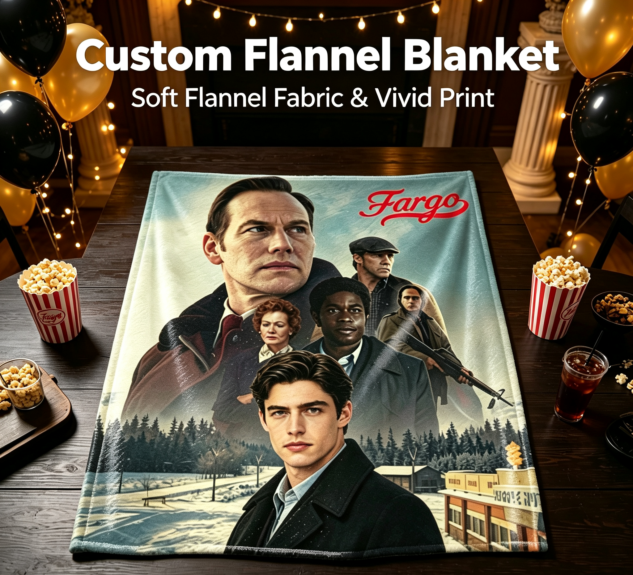 Custom Face Blanket Fargo Movie Characters Flannel Blanket Cozy Winter Gift for Fans and Collectors