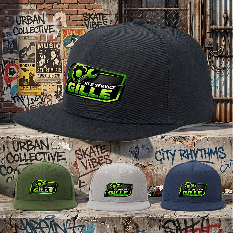 Flat Brim Baseball Cap KFZ-SERVICE GILLE Logo Print Streetwear Underground Skate Style Hat for Basketball Court Skate Park Urban Riders and Hip Hop Artists