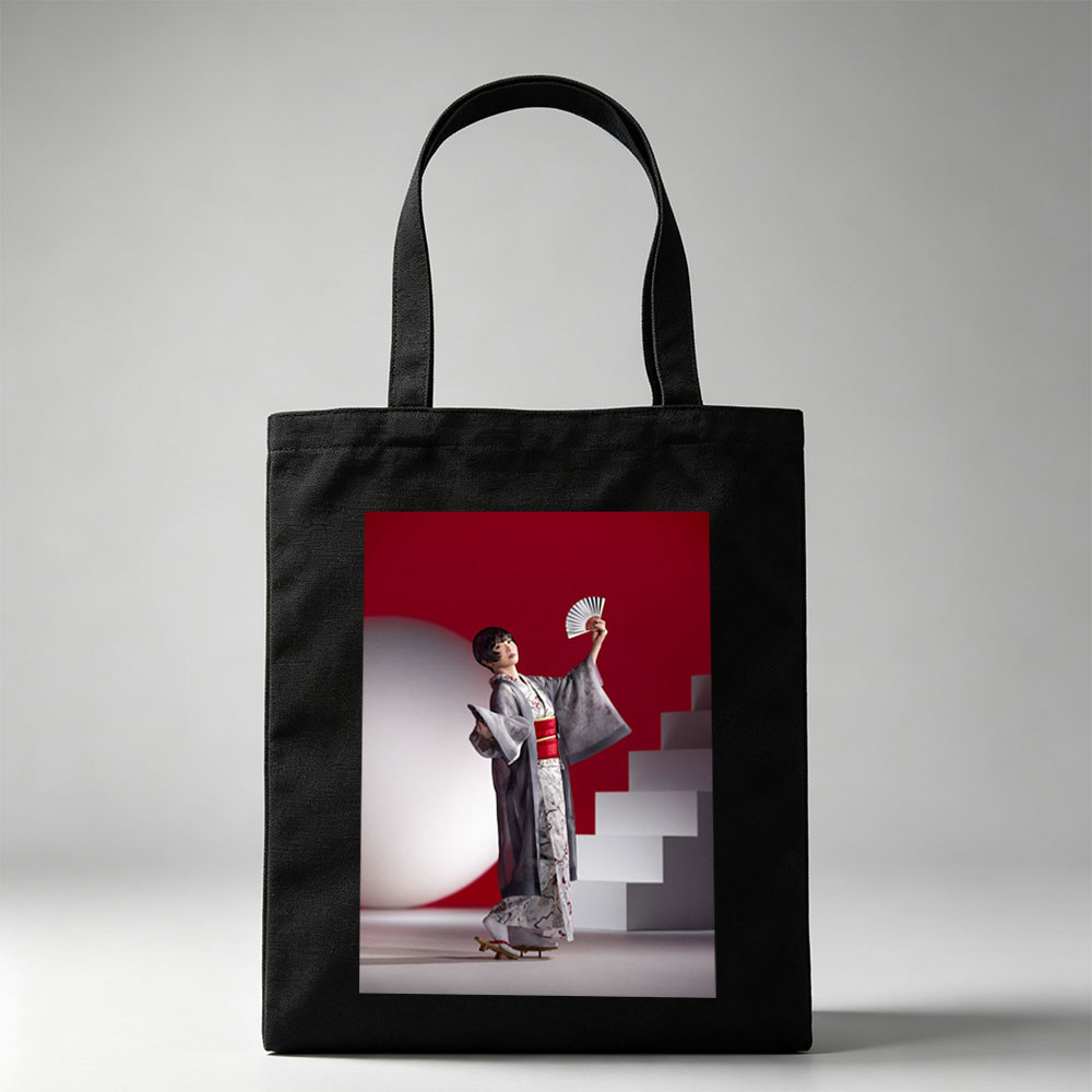 Maki Horikita in Traditional Kimono Holding Fan Against Red Background - Canvas tote bags