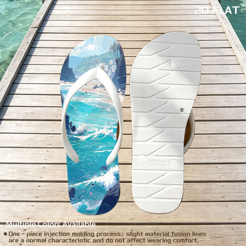 Turquoise waves crash on a rocky beach with distant city skyline and lush green hills under a bright sky. -  flip-flops