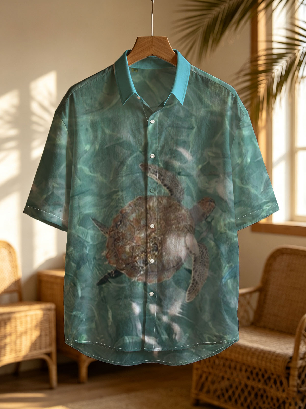 Sea turtle swims gracefully in clear turquoise waters at Playa Grandi. -  Shirt