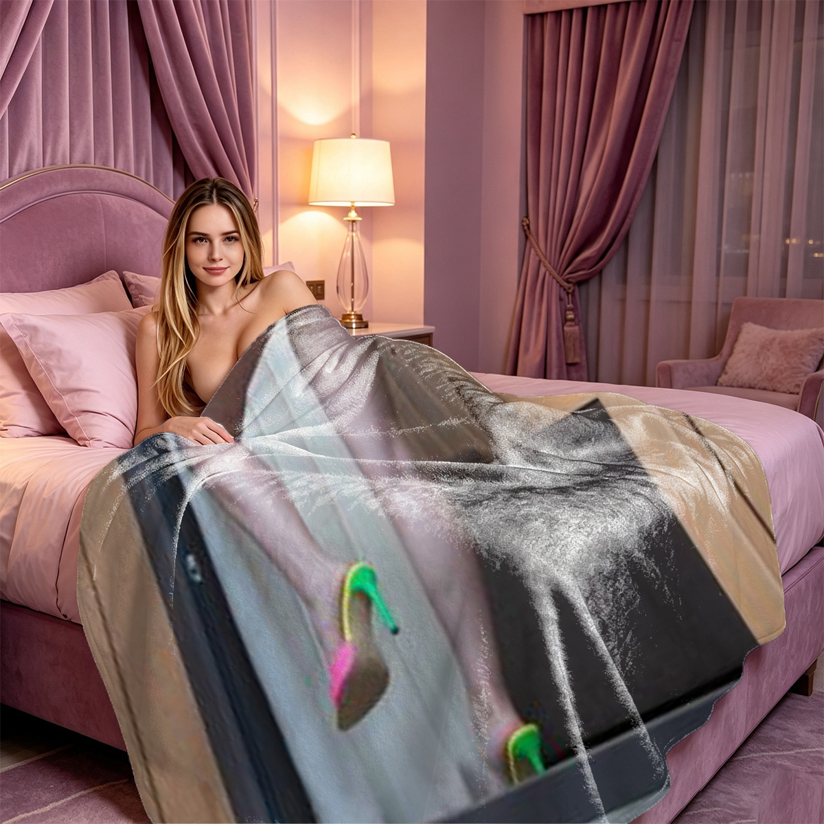 Nude Blonde on Brown Leather Couch - Blanket