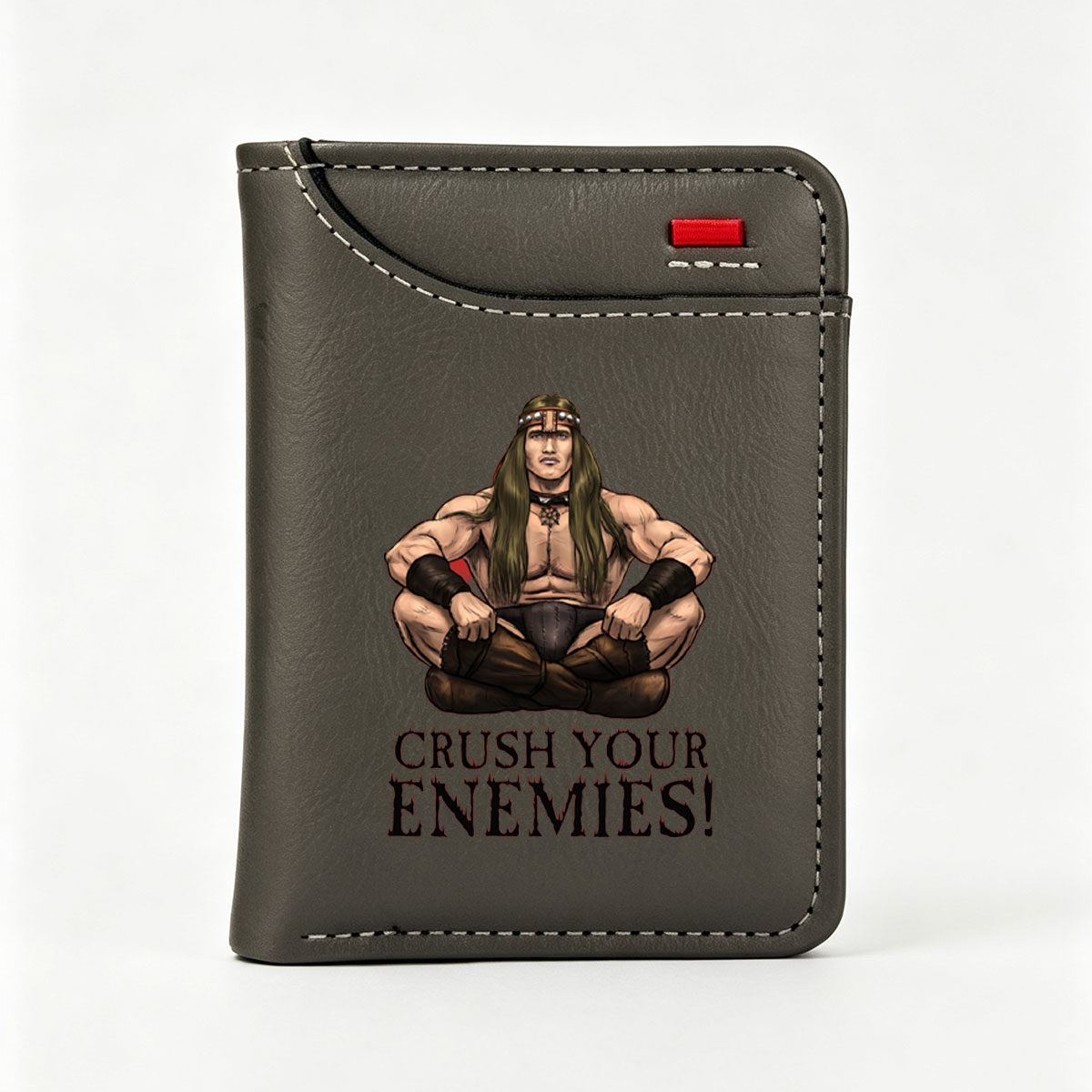 Crush Your Enemies: Muscular Warrior with Long Hair and Tribal Attire - Vertical Style Wallet