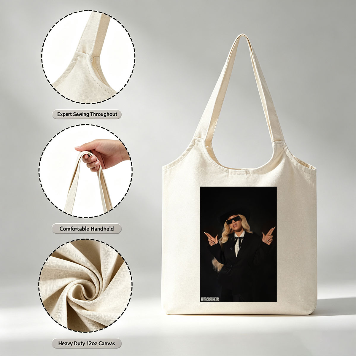 Beyonce in a Bold Black Suit and Hat Making Peace Signs Against a Dark Background - Canvas shoulder bags/