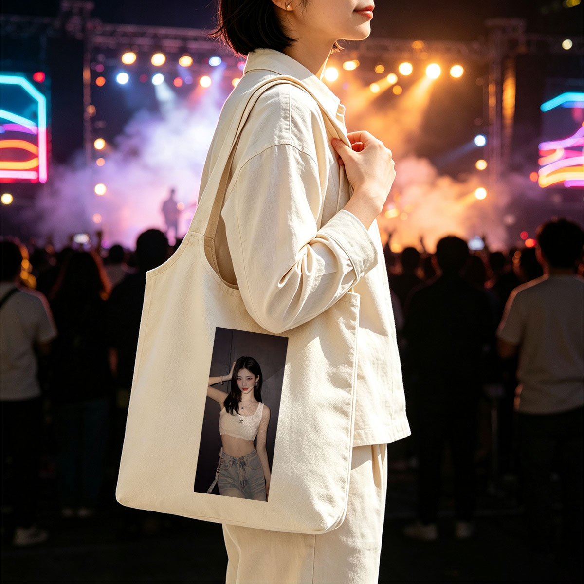 Korean Celebrity in Casual Outfit Wearing White Adidas Crop Top and High-Waisted Jeans Against Dark Background - Canvas shoulder bags/